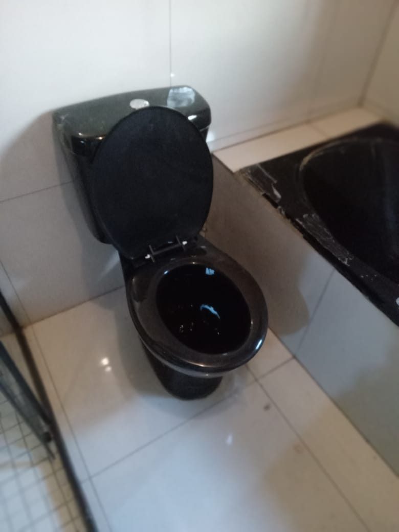 Gloss-black toilet installed as part of the black-suite bathroom